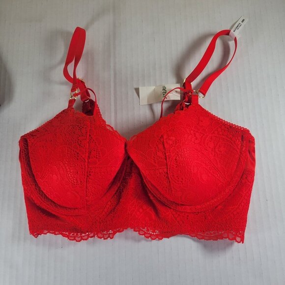 2 Aerie Red & Maroon Lace Longline Underwire Supportive Balconette Bra Size 32D - Picture 2 of 16